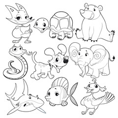 Set of animals in black and white. Vector characters.