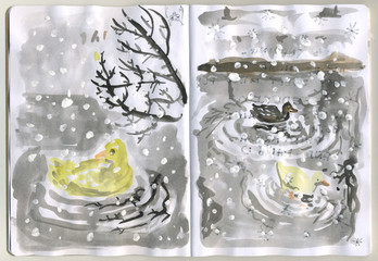 Hand painted sketchbook with ducks swimming under the snow