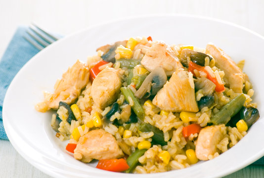 Chicken Breast with Vegetables, Mushrooms and Rice