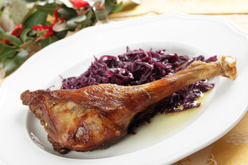 Roasted goose leg with cabbage