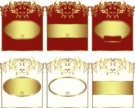 Floral gold-framed labels vector set.