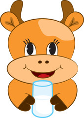 Cartoon baby cow with glass of milk. Vector