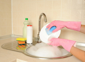 Women's hands washing dish in the kitchen