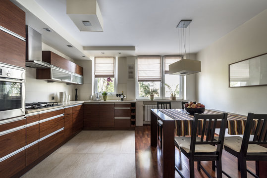 Interior of modern kitchen in bronze color