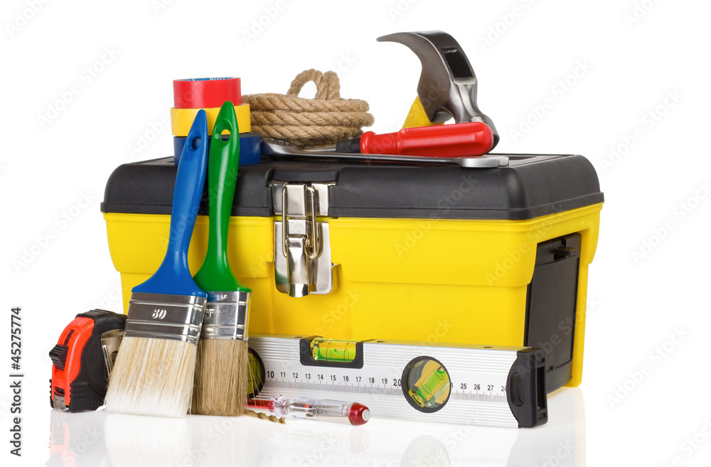 Wall mural set of tools and instruments in toolbox on white