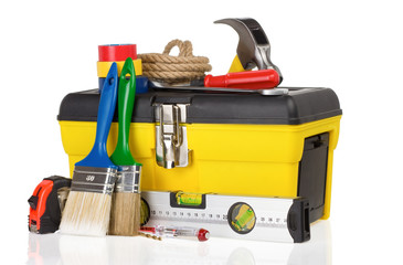 set of tools and instruments in toolbox on white