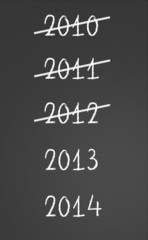2010, 2011, 2012 crossed and new years 2013, 2014 on chalkboard