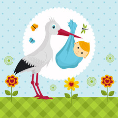 stork with a baby boy in a bag