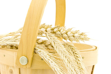 wooden basket with wheat ears isolated on white background