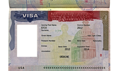 American visa in passport for ukrainian citizen with empty photo area, business travel document, legal work emigration, usa travel diversity