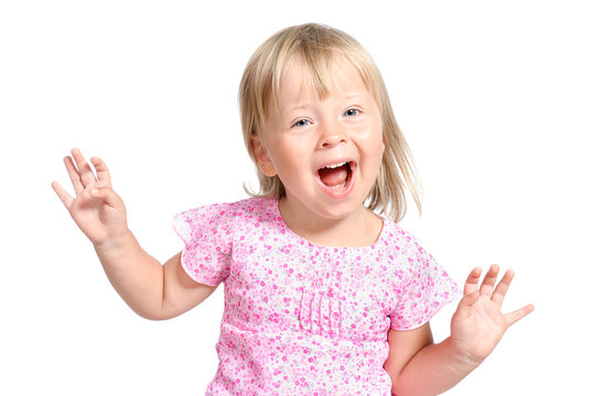 amazed little girl laugting ang singing expressively isolated ov