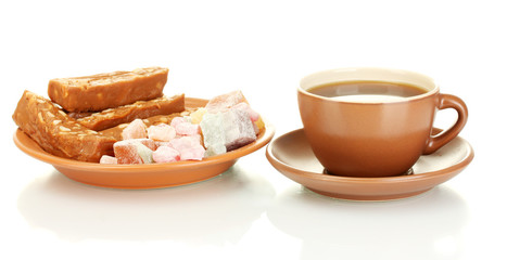 A cup of tea with a delicious turkish delight and sherbet