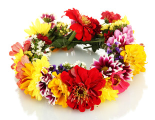 wreath of beautiful summer flowers, isolated on white