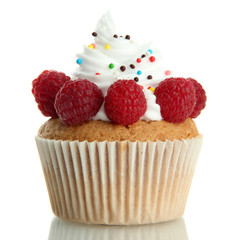 tasty cupcake with berries, isolated on white