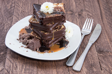 Stacked Chocolate Cake with sauces