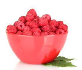 Fresh raspberries in colorful bowl isolated on white