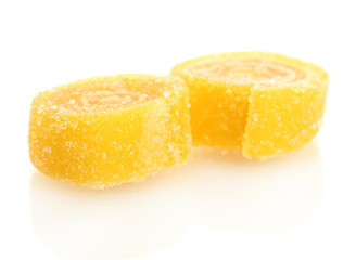 yellow jelly candies isolated on white.