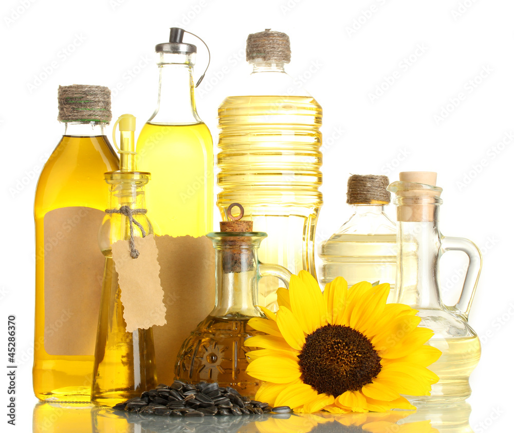 Sticker oil in bottles, sunflower and seeds, isolated on white