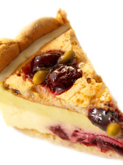 yogurt pistachio cake with cherry isolated on white