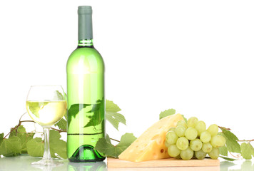 Bottle of great wine with wineglass and cheese isolated on