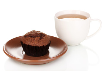 Fresh muffin with tea isolated on white