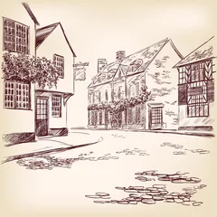 Papier Peint photo Café de rue dessiné illustration vectorielle de vieille rue anglaise dessinée à la main