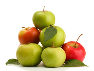 sweet apples with leaves, isolated on white