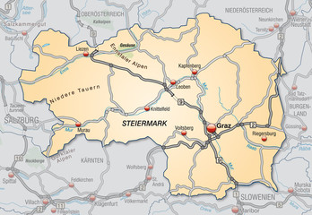 Straßenkarte der Steiermark mit Umgebung