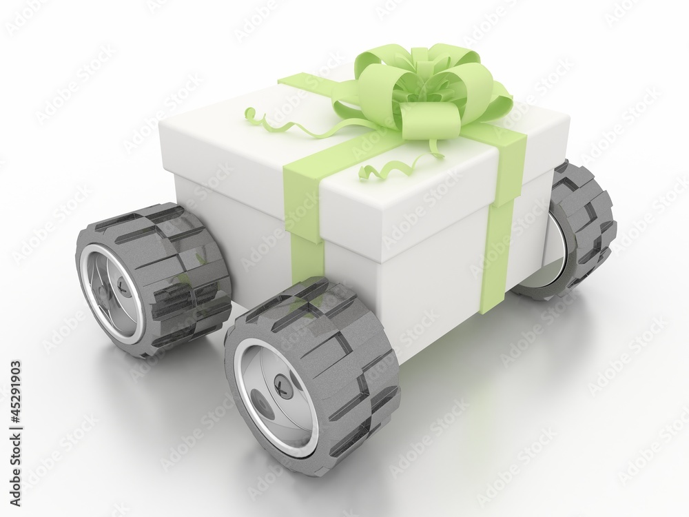 Wall mural box with a ribbon on wheels