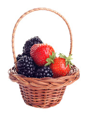 basket of strawberry and blackberry on white background