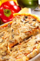 Slice of cheese pizza with mushrooms
