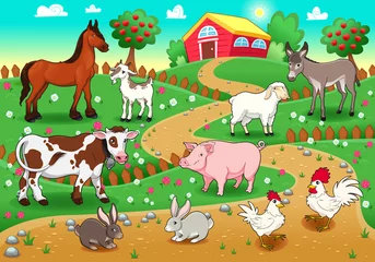 Fototapete Bauernhof Nutztiere mit Hintergrund. Vektor-Illustration