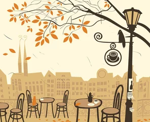 Papier Peint photo Lavable Café de rue dessiné paysage d& 39 automne avec un café de rue