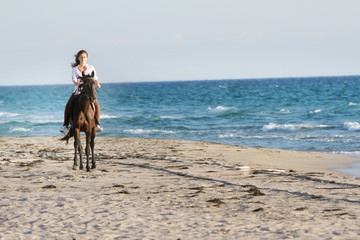 young happy woman with horse on sea background
