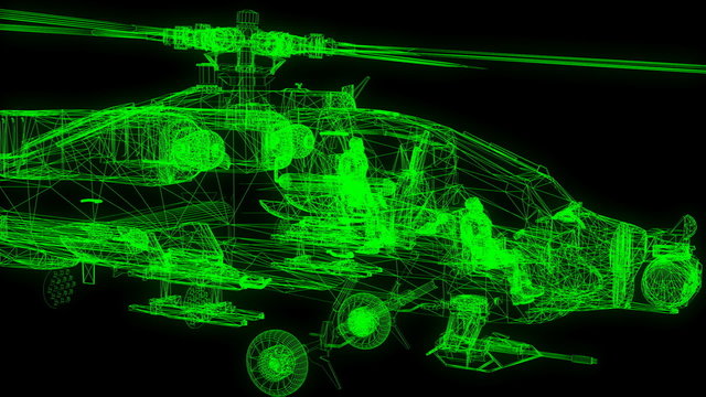 Boeing AH-64 Apache fly-by. Wire frame.