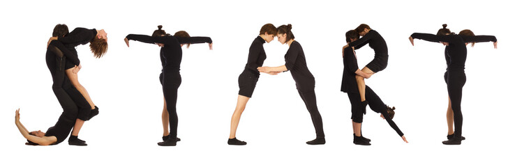 Fototapeta premium Black dressed people forming START word over white 