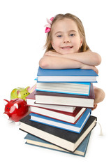 Little girl with books on white