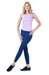 Fototapeta premium Female sportsman doing exercises on white