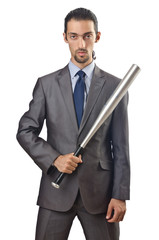 Angry businessman with bat on white