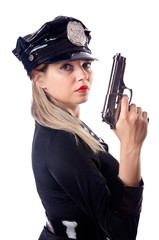 Woman police isolated on white