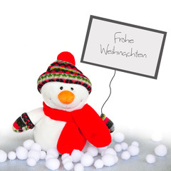 Schneemann mit Werbeschild