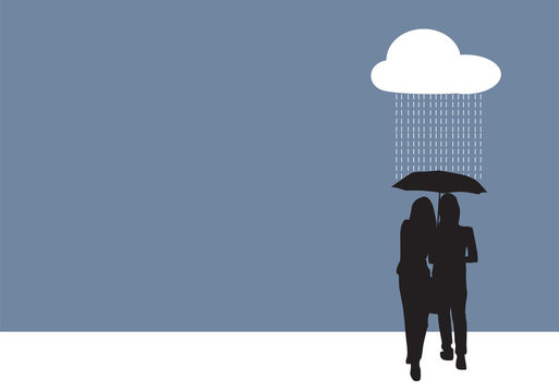 Couple Sharing An Umbrella, Illustration