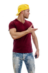 Cool handsome guy looking sideway. Isolated on white