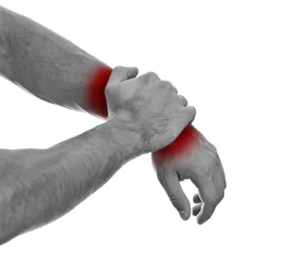 Keuken foto achterwand Rood, wit, zwart Close-up van mannelijke handen met pijn in de pols. Geïsoleerd