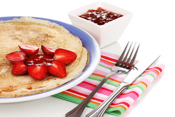 Stack of tasty pancakes isolated on white