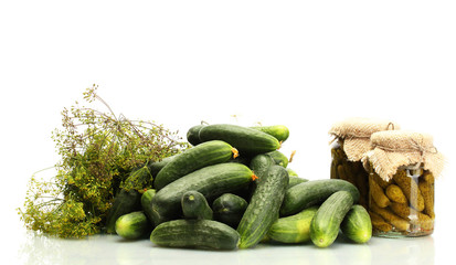 fresh cucumbers, pickles and dill  isolated on white