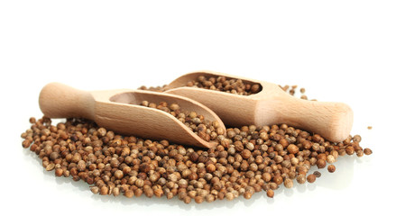 Heap coriander seeds in wooden spoon isolated on white