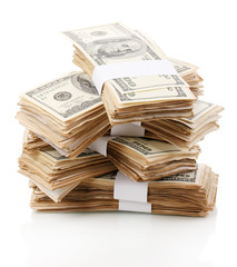 Stack of one hundred dollars banknotes close-up isolated