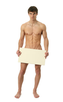 Naked Man Covering with a Blank Sign