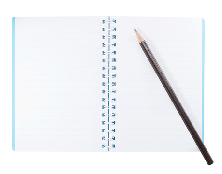 the blank notebook and pencil isolated on white background